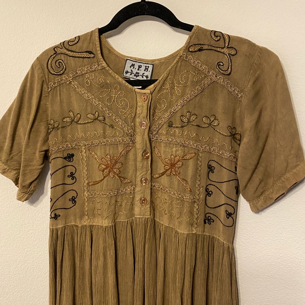 Vintage 90s MPH Embroidered Hippie Bohemian Maxi Dress Olive Brown Flowy S